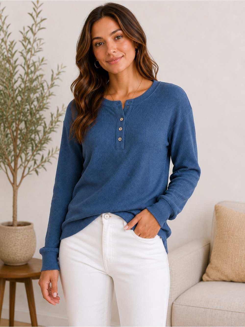 Double Zero Blue Henley Waffle Knit Long Sleeve Top